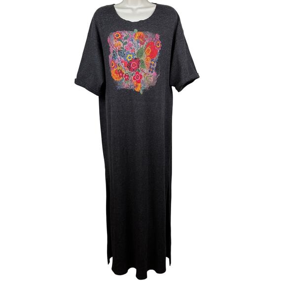 Natural Life Waffle Knit Maxi Dress Floral Graphic Short Sleeve Gray Large Boho - Picture 1 of 10